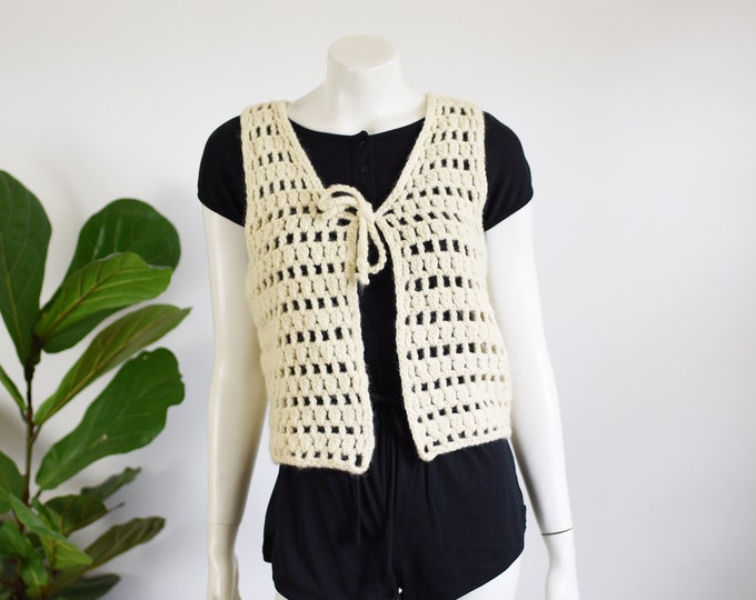 1970s Cream Wool Crochet Vest - S