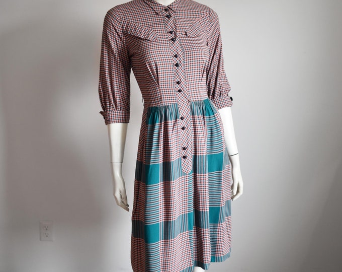 1940s Pink and Green Gingham Dress - XS/S