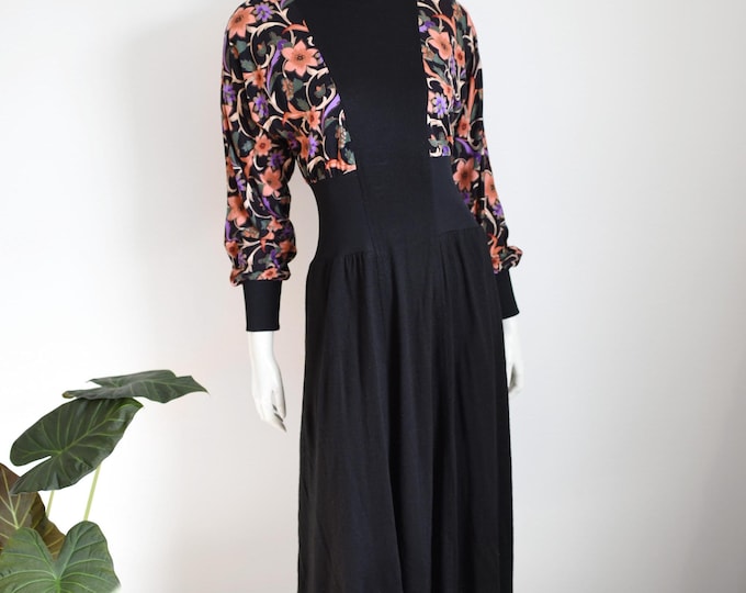 1980s Black Floral Jersey Dress - M