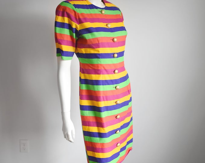 1980s Rainbow Cotton Striped Dress - S/M