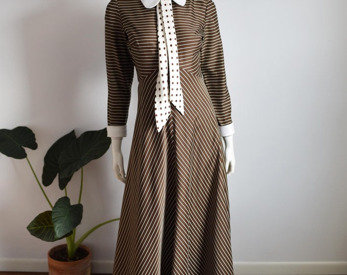 1970s Brown Pinstripe Maxi Dress - S/M