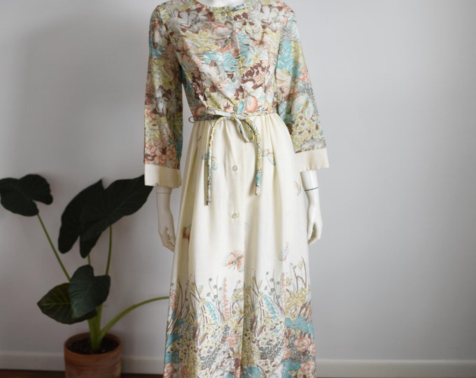 Sears 1970s Butterfly Maxi Lounge Dress - S