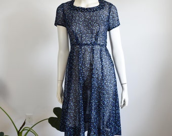 1950s Blue Floral Rhinestone Dress - S