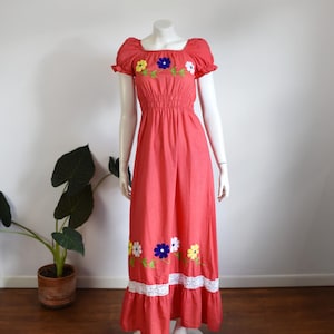 1970s Floral Embroidered Maxi Dress - XS