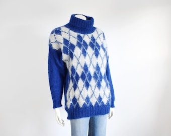 1980s Mohair Blue Argyle Sweater - L/XL