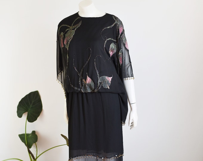 80s Oleg Cassini Painted Silk Dress - M