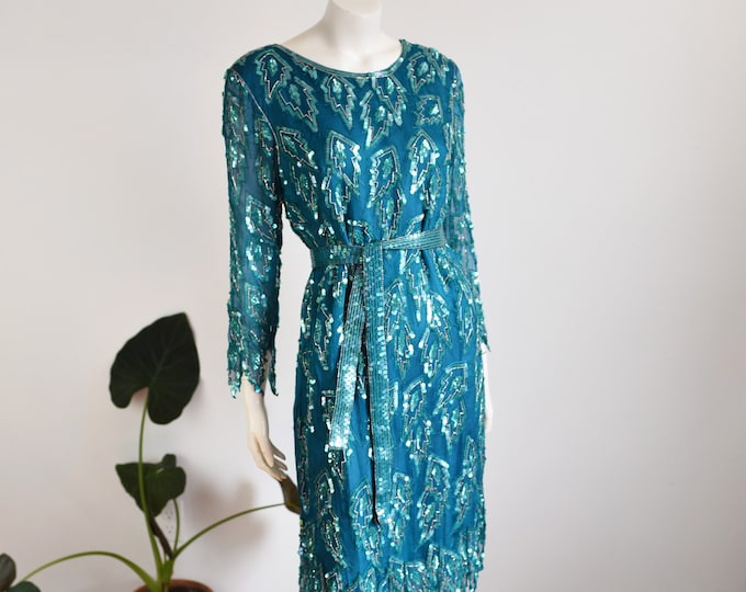 1980s Turquoise Sequined Silk Dress - M/L