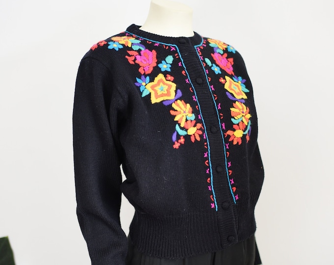 80s Floral Embroidered Cardigan - M