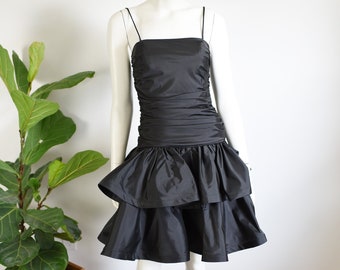 1980s Black Ruffled Party Dress - XS/S