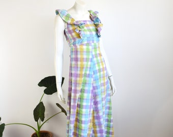 Pastel Plaid 70s Maxi Dress - XXS