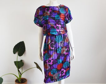 1980s Floral Silky Pullover Dress - S