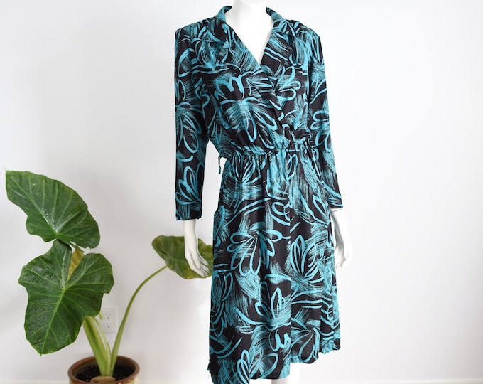 SALE 1980s Black and Turquoise Shirtwaist Dress - M