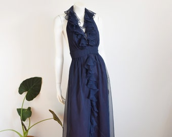 1970s Navy Ruffle Halter Dress - S/M