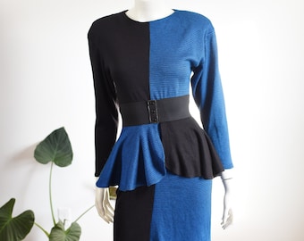 1980s Blue Houndstooth Bodycon Dress - S/M