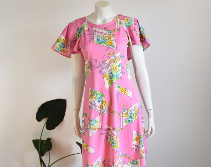 1970s Pink Floral Poly Dress - XS/S