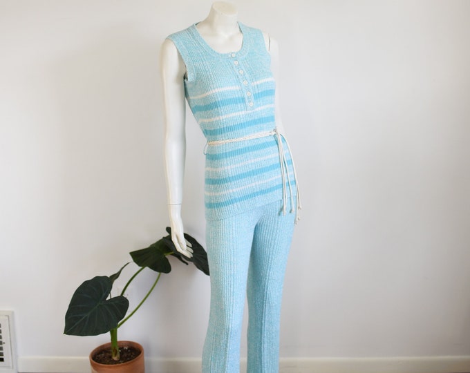 1970s Blue and White Knit Pant Suit - S