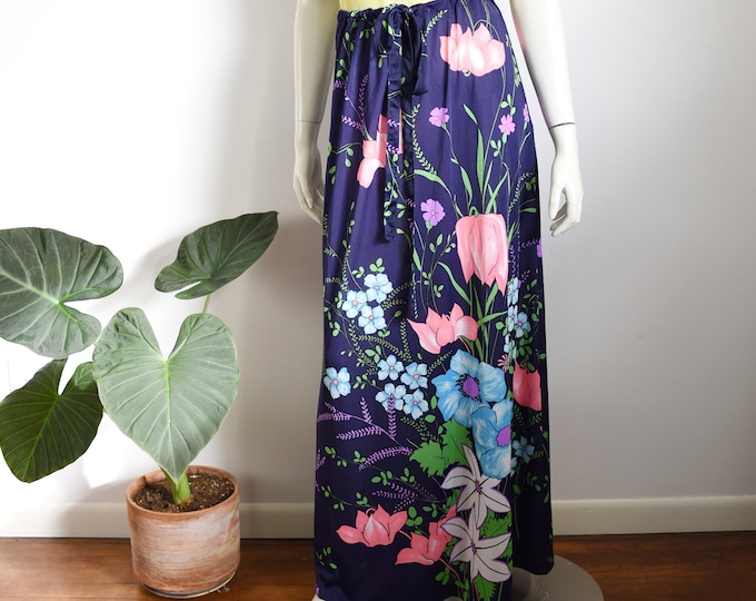 70s Nylon Floral Maxi Skirt - S/M