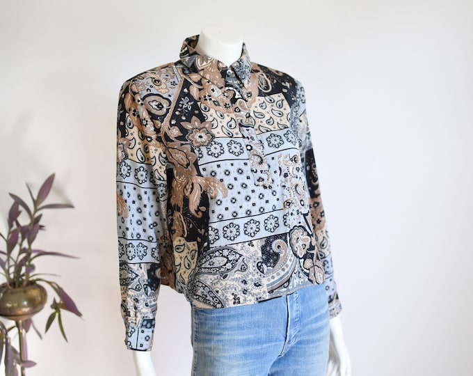 90s Paisley Grey and Beige Top - S/M