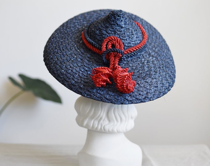 1930s Blue and Red Straw Sunhat