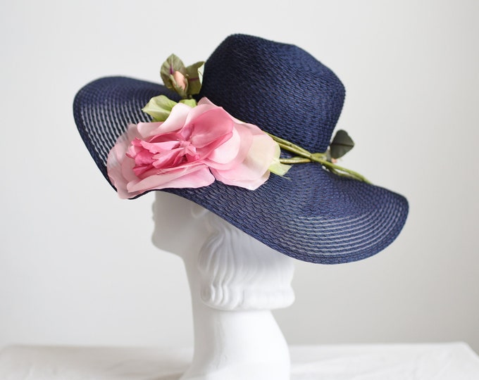 Navy 1970s Sunhat with Huge Flower