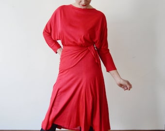 1980s Red Jersey Dress - M