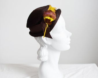40s/50s Brown Cap with Yellow Feather