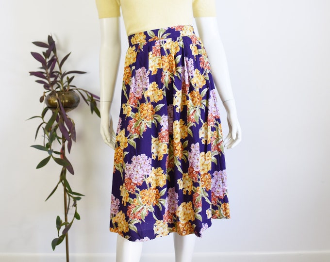 1980s Purple Floral Rayon Skirt - L