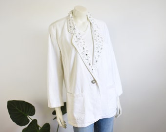 SALE 80s White Denim Rhinestone Blazer - S/M/L