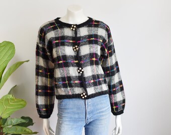 90s Plaid Mohair Cropped Cardigan - S/M