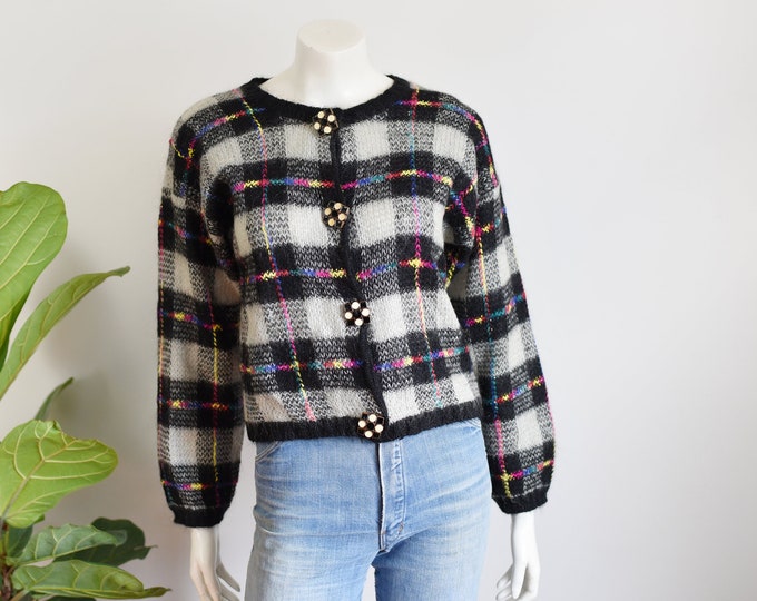 90s Plaid Mohair Cropped Cardigan - S/M