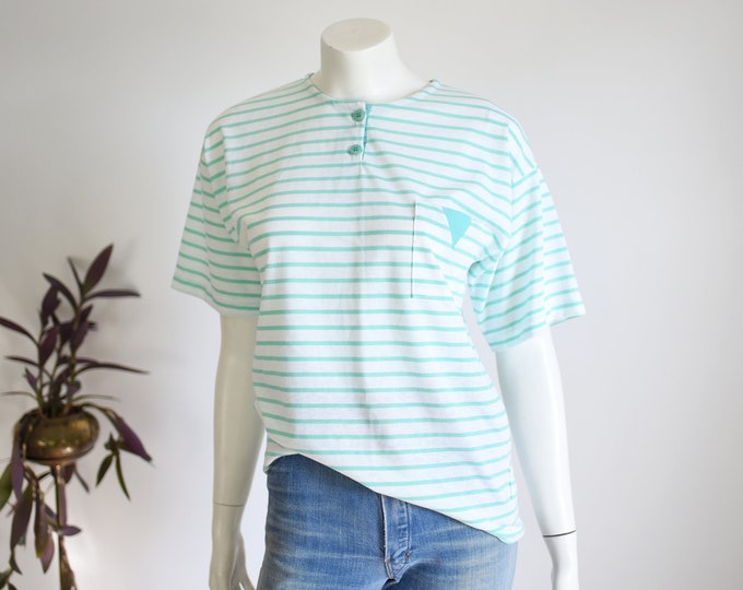 80s Green Striped T-shirt - M/L