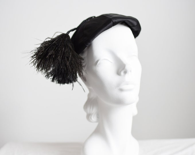 1950s Satin Beret with Feather Pom Pom