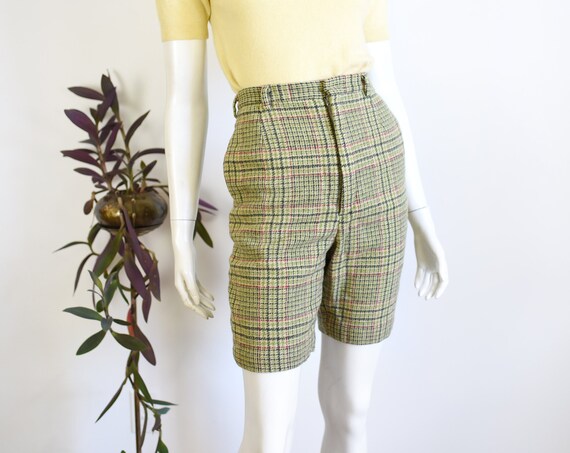 60s Green Plaid Wool Shorts - S