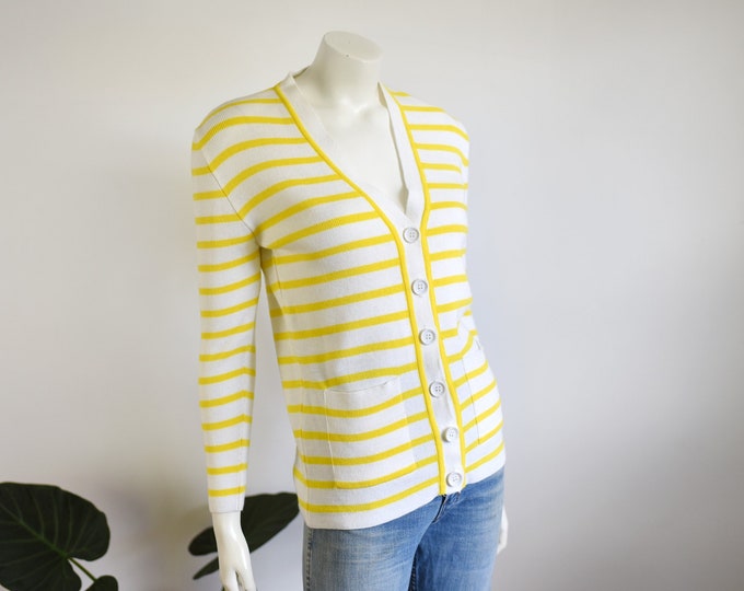 70s Yellow and White Striped Cardigan Deadstock - S