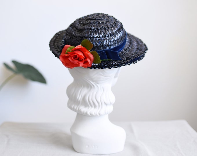 50s Navy Straw Hat with Rose