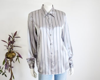 1980s Grey Striped Button Up Blouse - M