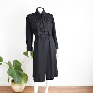 1940s Black Wool and Lamb Princess Coat - M/L
