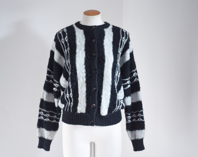 80s Black and Grey Ribbon Knit Cardigan - M