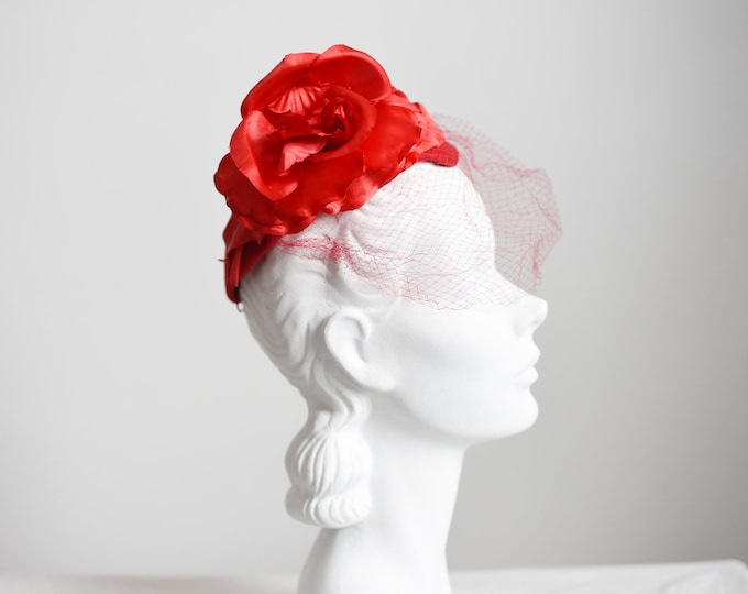 1980s Red Floral Cap with Veil