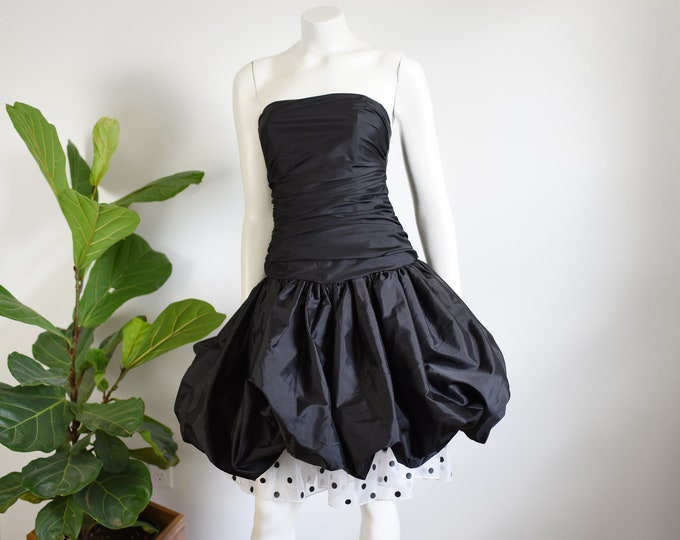 1980s Black Strapless Bubble Hem Party Dress - XXS