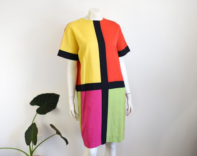1980s Vibrant Color-Block Dress - M