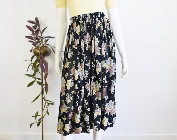 Carole Little 1990s Black Sheer Floral Skirt - M/L