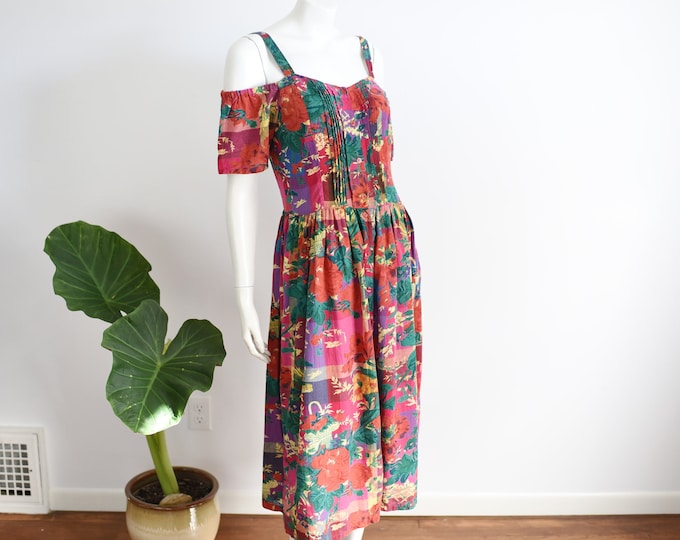 1980s Floral Open Shoulder Sundress - M