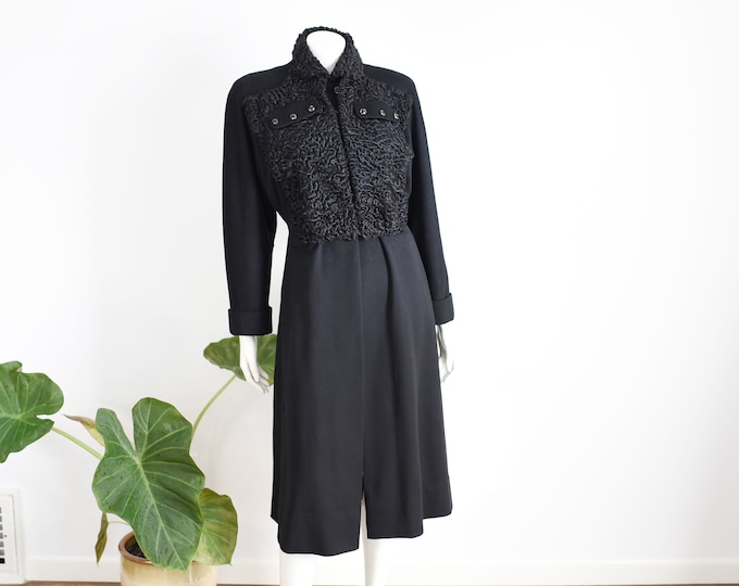 1940s Black Wool and Lamb Princess Coat - M/L