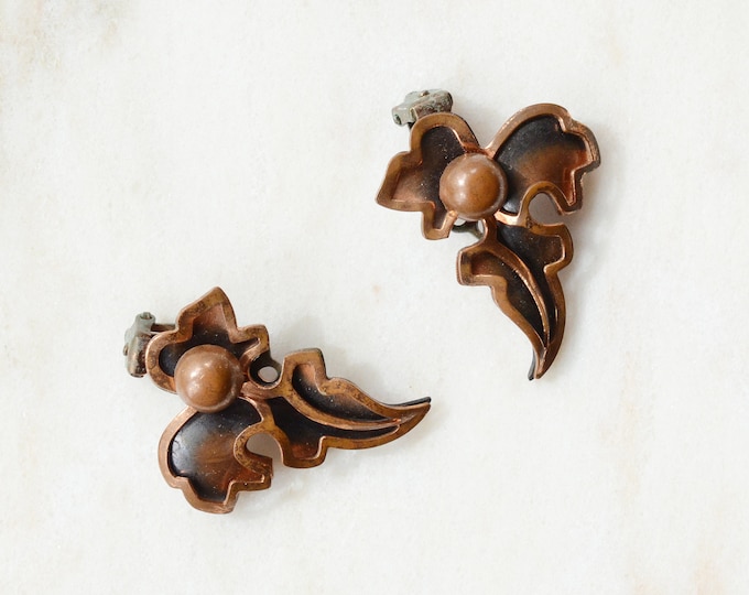 Mid Century Copper Leaf Clip on Earrings