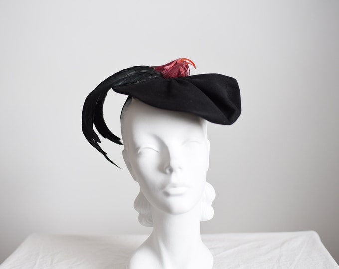 1940s Black Bird Beak and Feather Hat