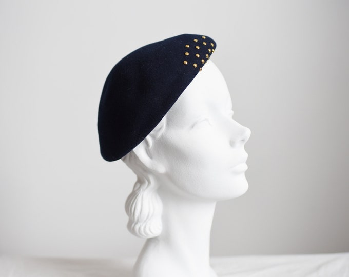 60s/70s Studded Navy Wool Beret Hat