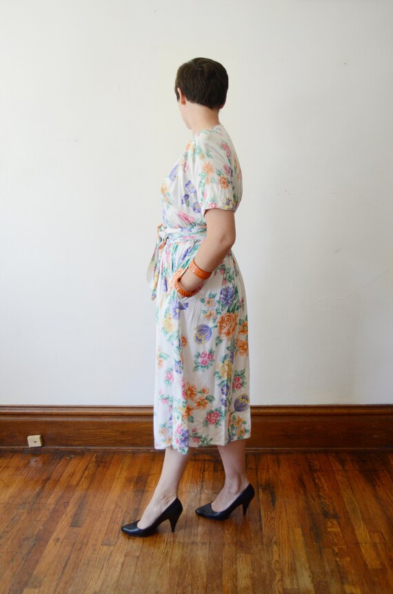 1980s White Floral Wrap Dress - M - image 3