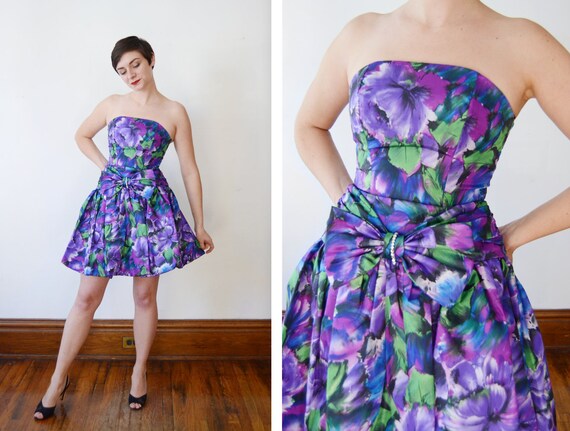 1980s Floral Bubble Hem Party Dress - XS/S
