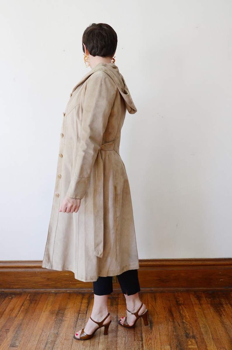 XSS 1970s Tan Leather Hooded Trench Coat